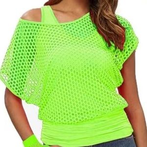 Women's Retro Off-Shoulder Neon Green Top XL